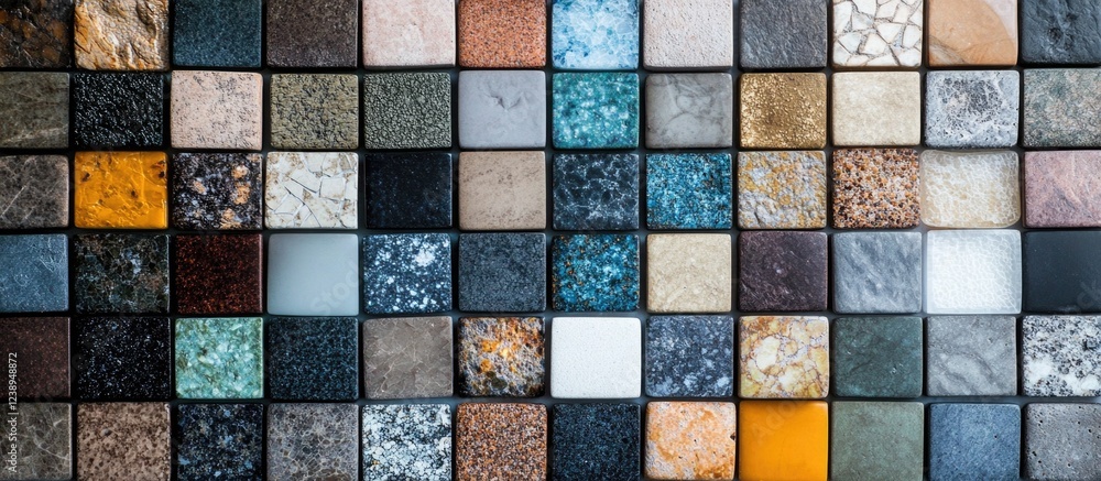 Poster collection of colorful stone samples arranged in grid pattern for design and architecture use with c