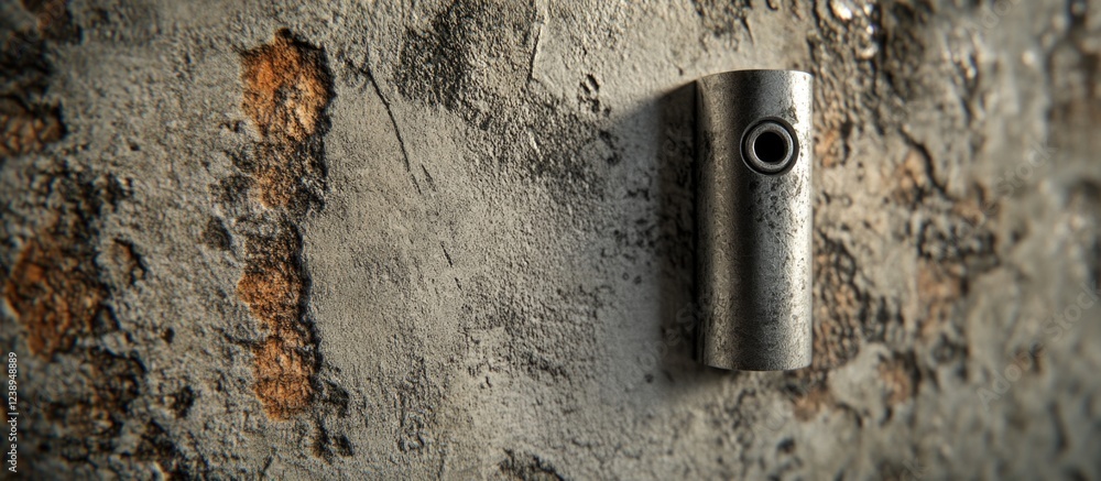 Poster metallic object mounted on textured concrete wall with rust and peeling paint, abstract industrial b