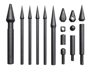 Collection of black metal industrial tools and spare parts arranged neatly isolated on transparent background, PNG, cut out