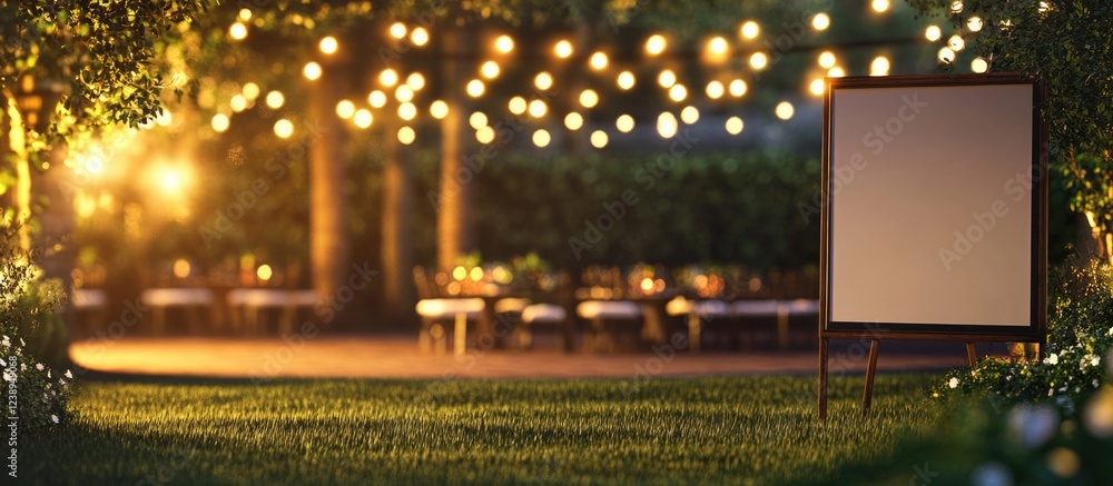 Poster outdoor evening setting with twinkling string lights and blank signboard on easel in a lush garden w