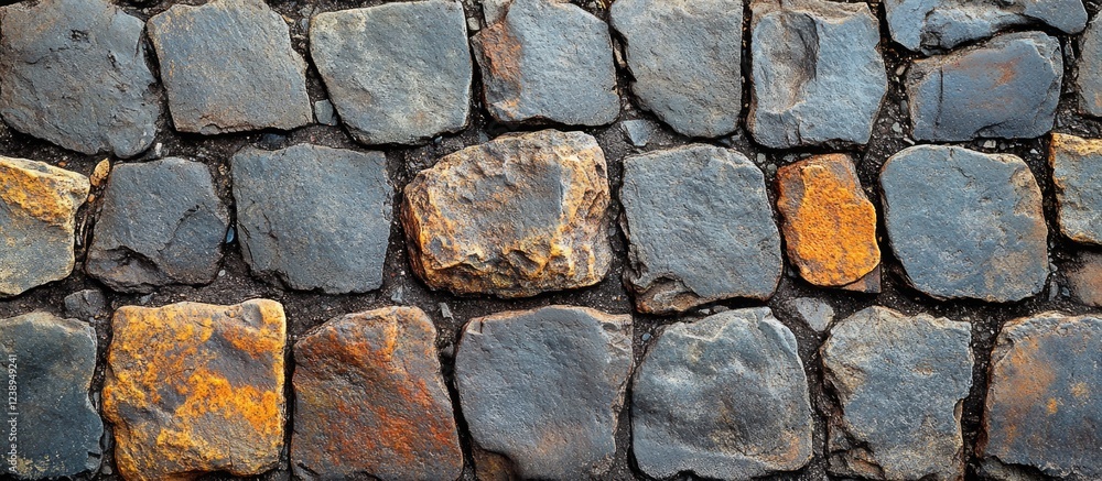 Poster textured close-up view of an old stone wall with various colors and shapes of weathered stones with 