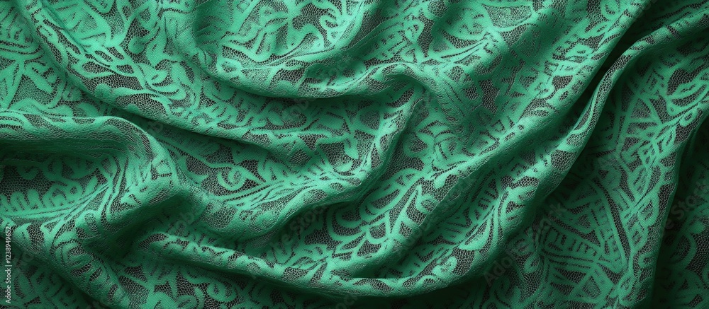 Poster green textured fabric with intricate patterns draped elegantly creating folds and shadows suitable f