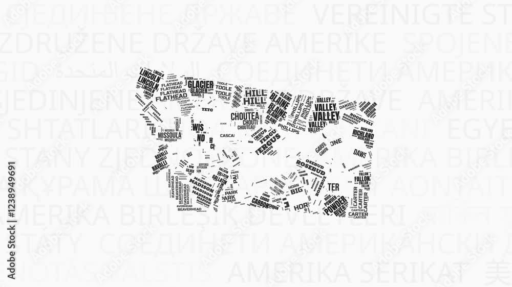 Poster montana intro animation. state with counties illustration video. background with state names in vari