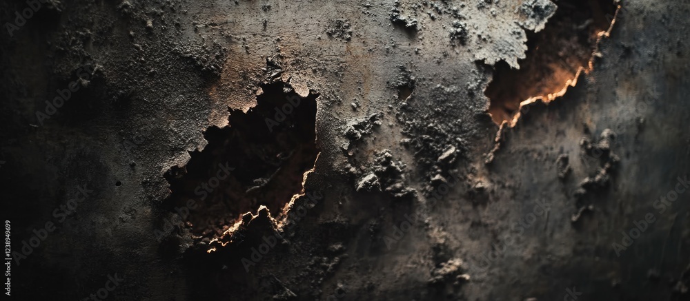 Poster textured surface of a weathered wall with visible cracks and holes illuminated from behind highlight