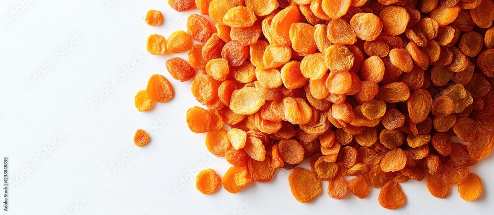 Aufkleber dried apricot slices scattered on a white surface with ample space for text placement copy space