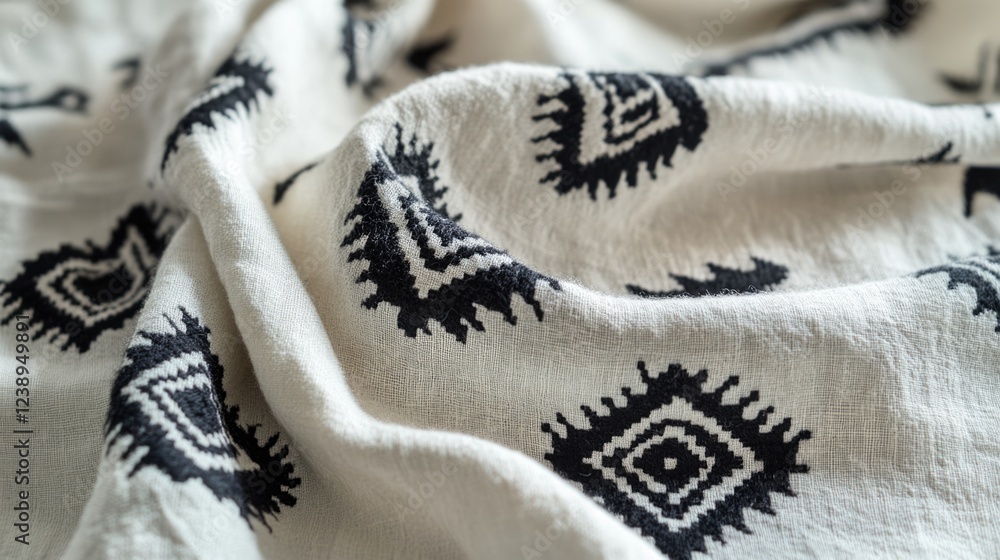 Poster close-up of textured fabric with black geometric patterns on a cream background suitable for textile