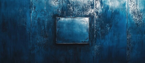 Textured blue wall with an empty rectangular frame in the center providing ample copy space for text placement