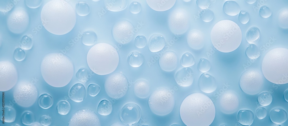 Poster abstract close-up of water droplets and white spheres on a light blue background with smooth texture