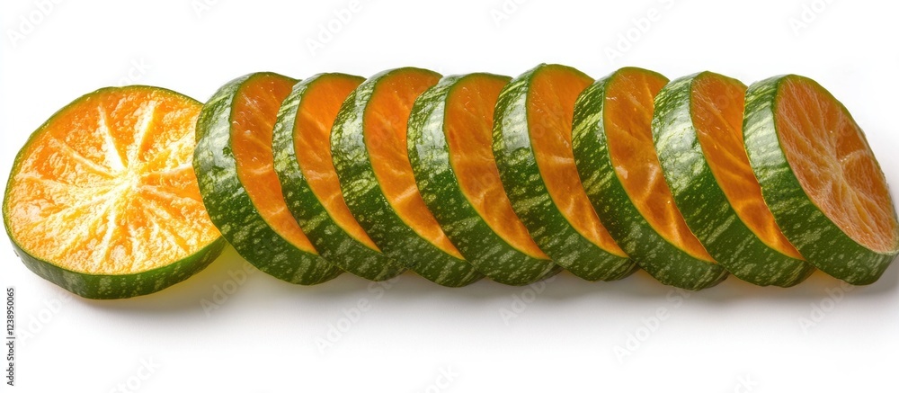 Aufkleber sliced tangerines arranged in a row showing vibrant orange flesh and green rind on a white backgroun