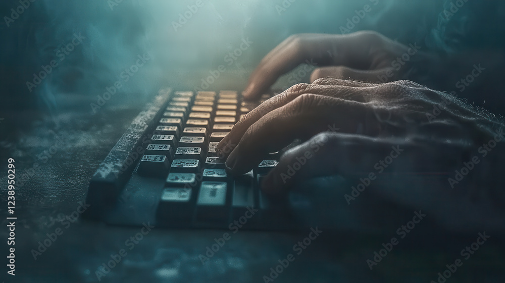 Poster close up of hands typing on glowing keyboard, creating mysterious atmosphere