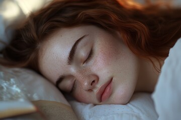 A woman's peaceful face is gently resting on a pillow, surrounded by soft light. Blurred details of a glass of water and an open book can be seen on the bedside