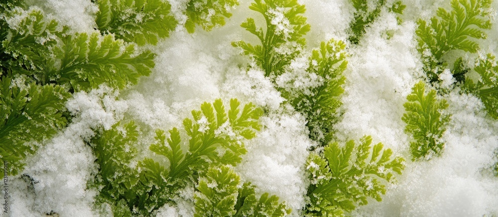 Poster green fern leaves covered in white snow creating a contrasting natural pattern with copy space for t