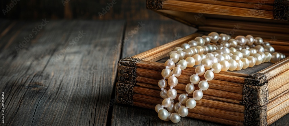 Wall mural Pearl necklace inside an ornate wooden box on a rustic wooden table with natural lighting and soft shadows Copy Space