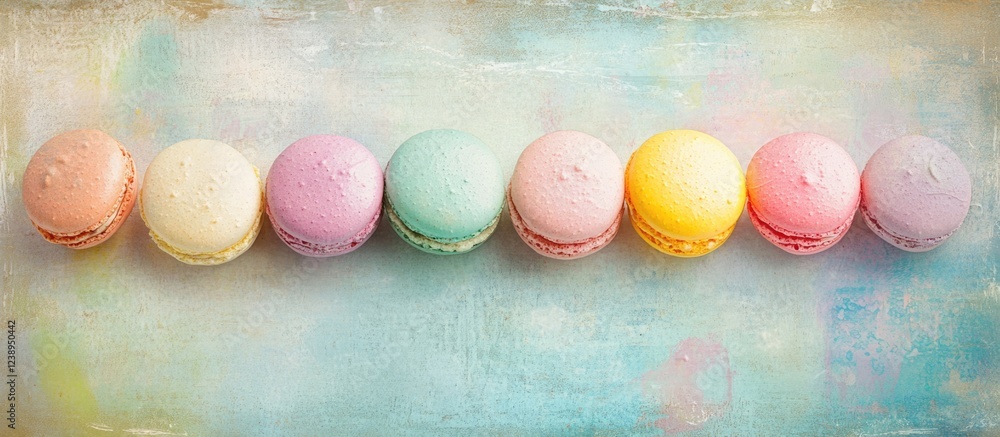 Poster colorful assorted macarons on a textured pastel background with copy space for text placement