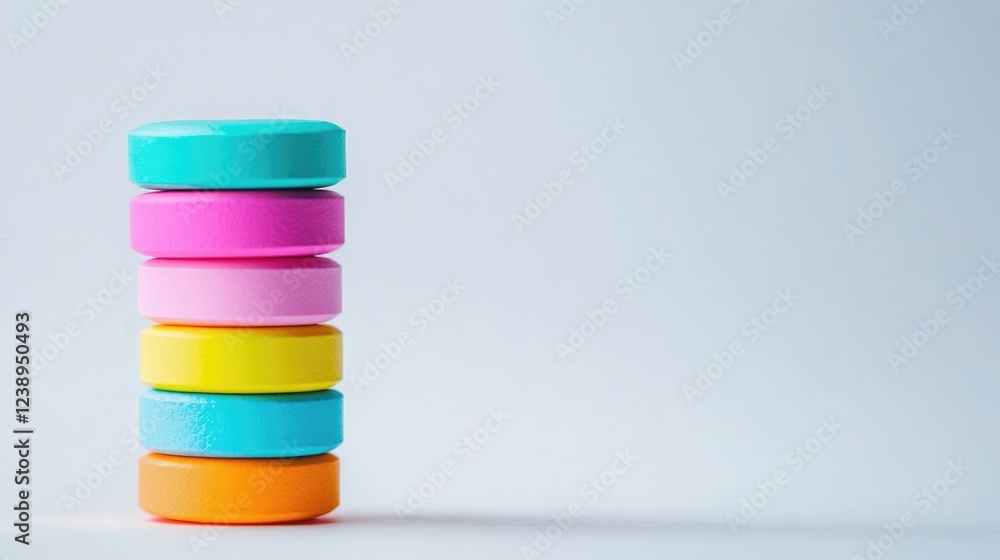 Poster colorful stacked round tokens on a light background with amplecopy space for text placement