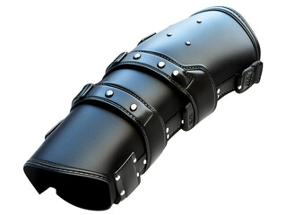 Black leather knee pads with metal accents and straps offering protection and style, isolated on transparent background, PNG, cut out