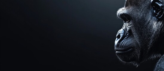 Close-up profile of a gorilla's face against a dark background with copy space for text.