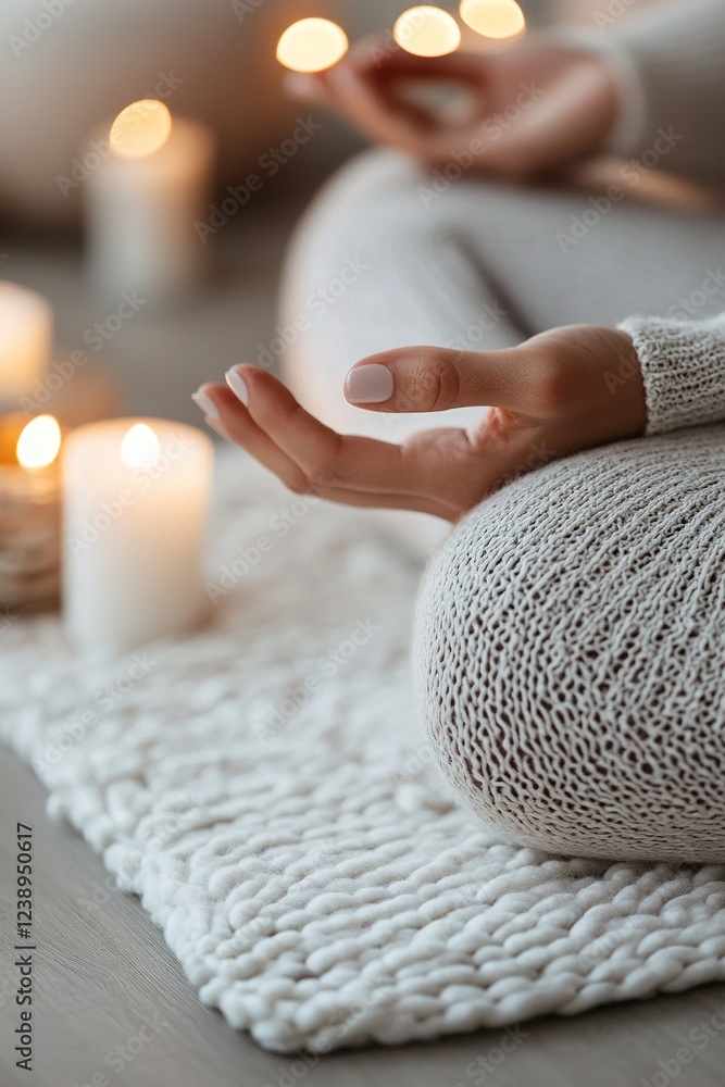 Poster a close-up view of a person practicing child's pose on a soft mat, surrounded by softly glowing cand