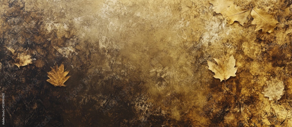 Poster autumn leaves arranged on textured golden background with space for text and designs in the composit
