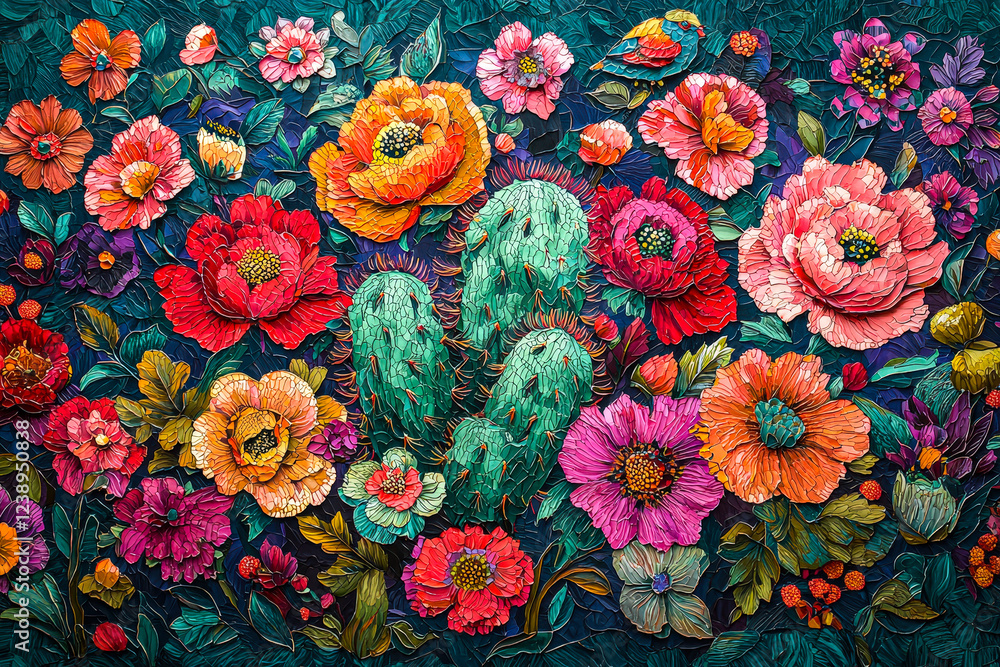 Aufkleber a stunning display of colorful flowers and cacti captivates with its intricate details and vibrant h