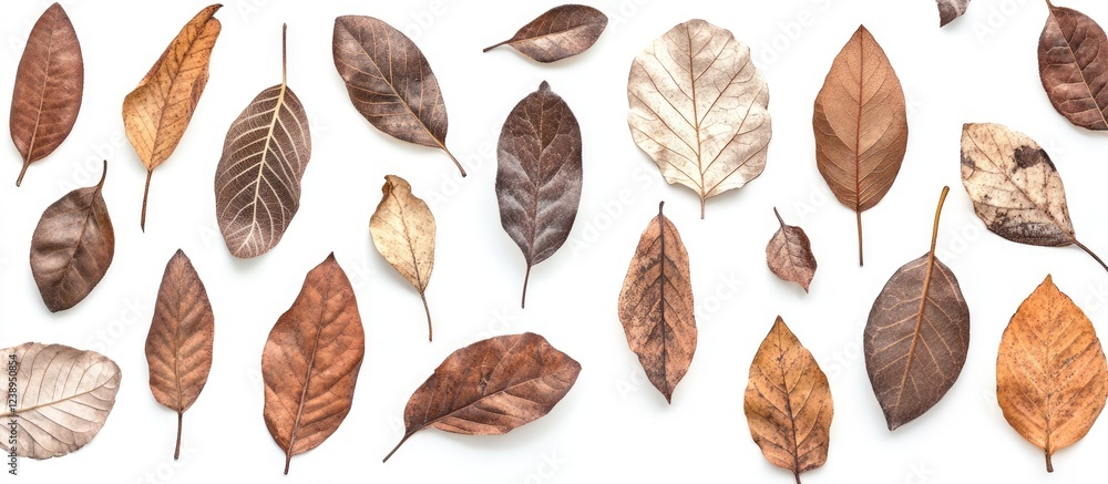 Poster collection of various dried leaves in shades of brown and tan arranged on a white background with co