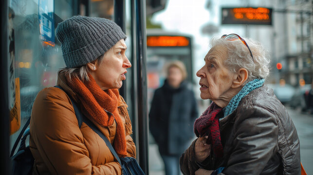 Alzheimer, Dementia, Memory Loss problem. Two women engaged in a serious conversation at a bus stop on a chilly day.