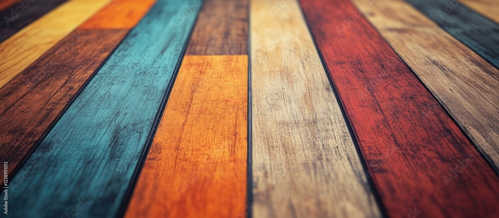 Poster colorful wooden floor planks arranged in a diagonal pattern with textured surface and variations in 