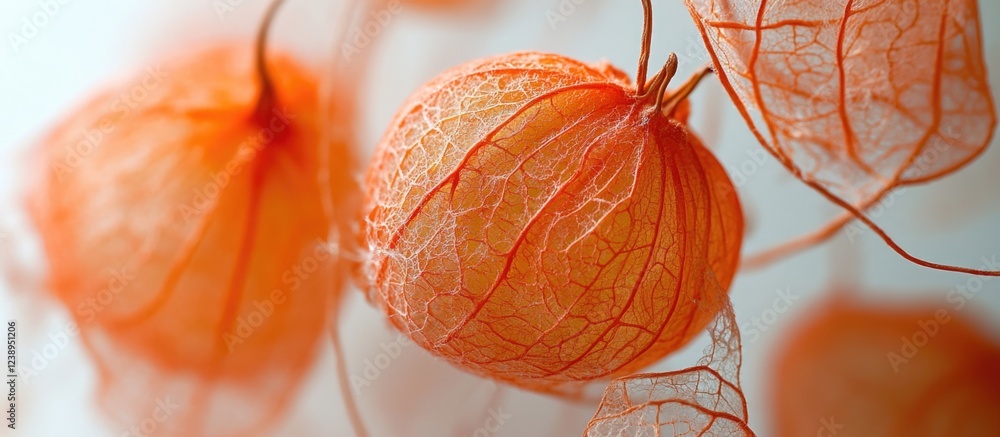 Poster close-up of physalis fruit with intricate textured husks and vibrant orange color against a soft bac