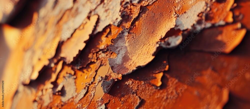 Poster textured close-up of weathered paint peeling from a surface in shades of orange and gray with soft l