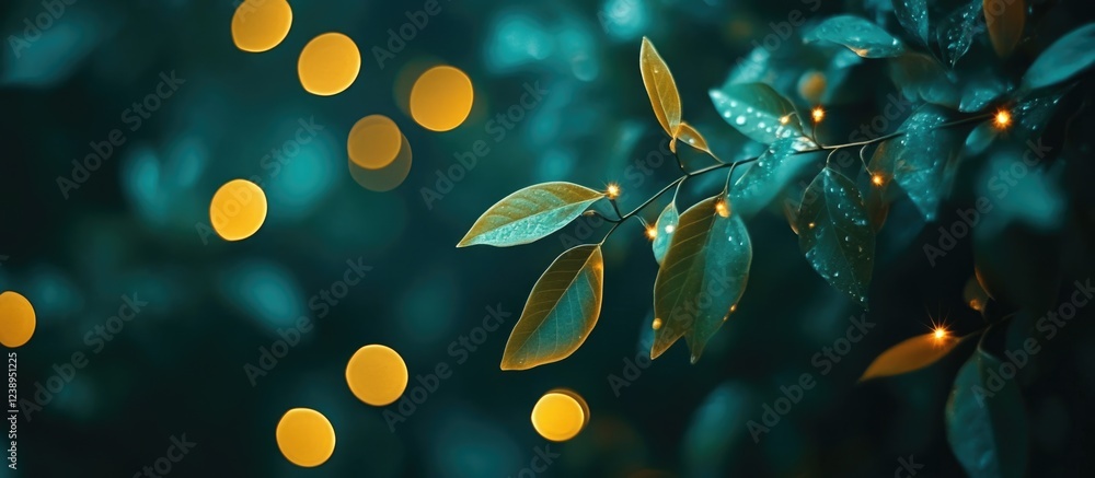 Poster close-up of green leaves with water droplets and soft glowing orbs in the background creating an atm