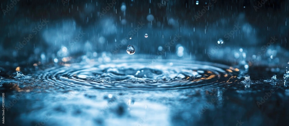 Poster raindrops falling on water surface creating ripples and splashes in a blue toned environment with so