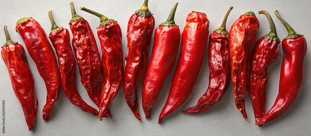 Poster dried red chili peppers arranged in a line on a neutral background with visible texture and vibrant 