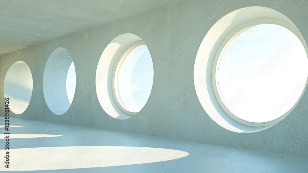 Poster interior space with circular windows allowing natural light to illuminate minimalistic design elemen