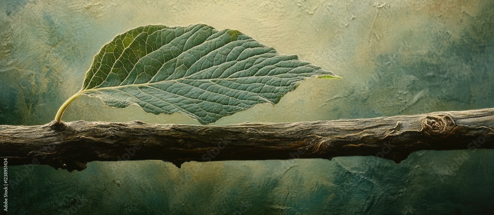 Aufkleber green leaf resting on a weathered branch against a textured background with soft colors and gradient