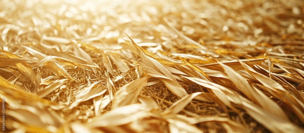 Poster golden dry corn husks on the ground with warm sunlight filtering through creating a soft focus backg