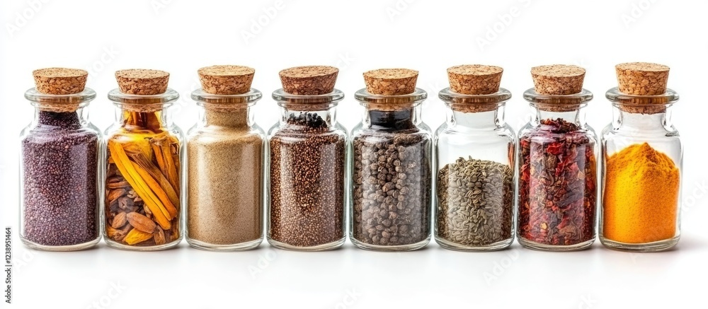 Poster assorted glass spice jars with cork stoppers arranged in a row on a white background featuring color