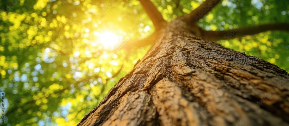 Poster sunlight filtering through green foliage illuminating the textured bark of a tall tree from a low an