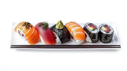 Assorted Sushi Platter on White Plate with Fresh Ingredients and Elegant Presentation