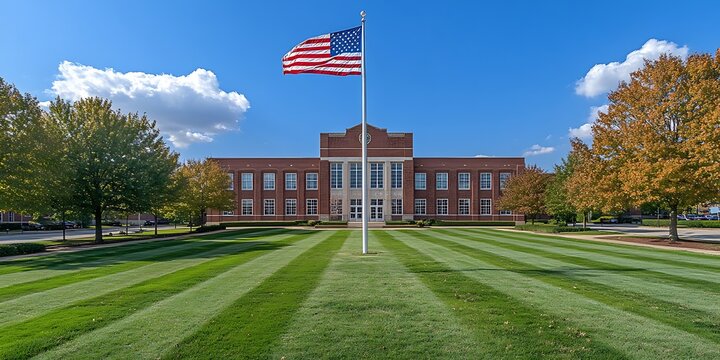 Patriotic American flag waving in front of a brick home on a sunny autumn day. A beautiful front porch view of a house with an American flag hanging on the side.