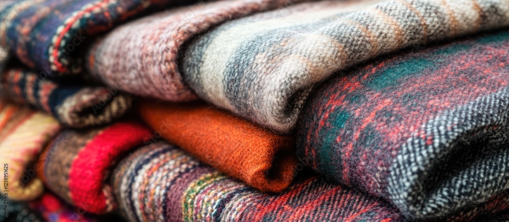 Poster Colorful stacked woolen blankets and fabrics with various patterns and textures on display. Copy Space
