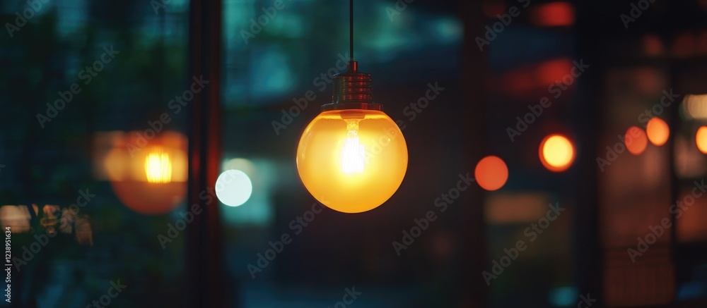 Poster hanging vintage light bulb glowing in dark ambient setting with blurred bokeh background and copy sp