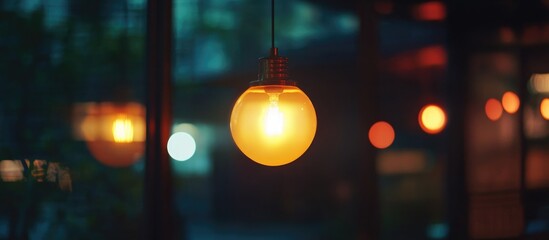 Hanging vintage light bulb glowing in dark ambient setting with blurred bokeh background and copy space for text placement