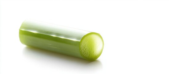 Fresh green celery stick displayed on white background with copy space for text. Healthy vegetable concept for recipes and diets.