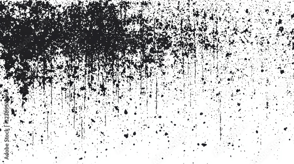 Poster Black paint drips and splatters against a white background, forming an abstract texture that adds depth and visual interest to the composition