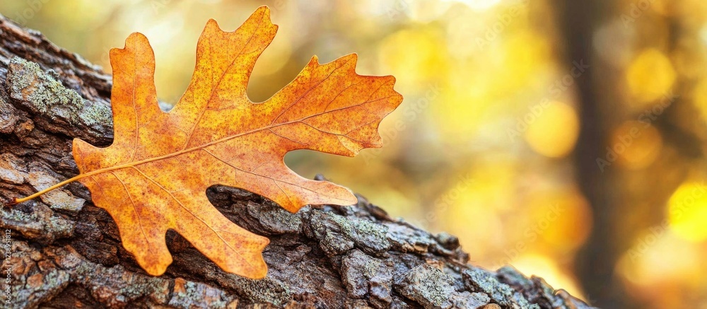 Poster golden autumn oak leaf resting on textured tree bark with blurred natural background and copy space 