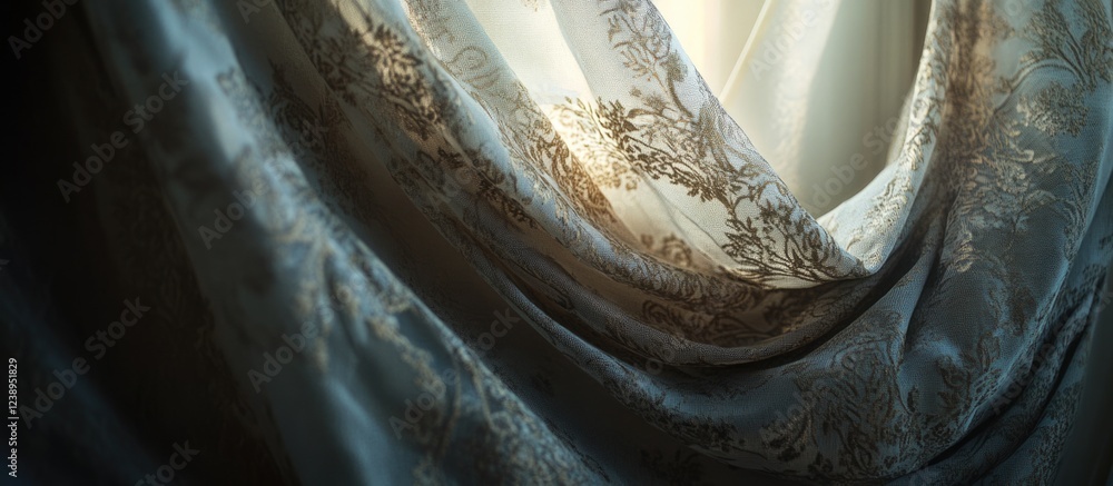 Poster elegant sheer curtains with intricate floral patterns illuminated by soft natural light copy space