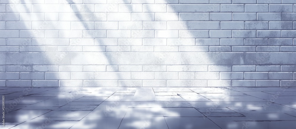 Poster abstract white brick wall background with sunlight shadows and reflections on tiled floor ideal for 