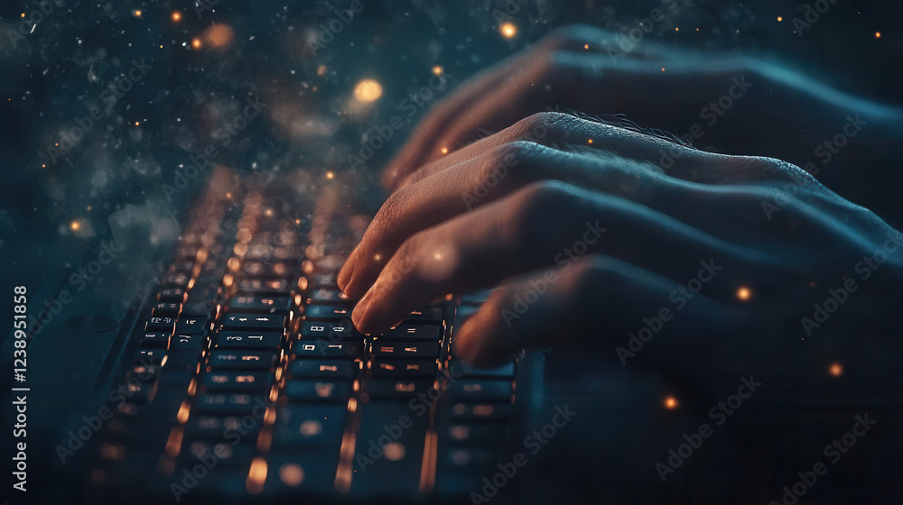 Aufkleber close up of hands typing on glowing keyboard, creating mystical atmosphere with sparks and light