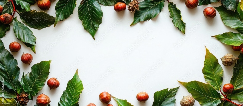 Poster autumn leaves and nuts arranged in a circular frame on light background with ample copy space for te