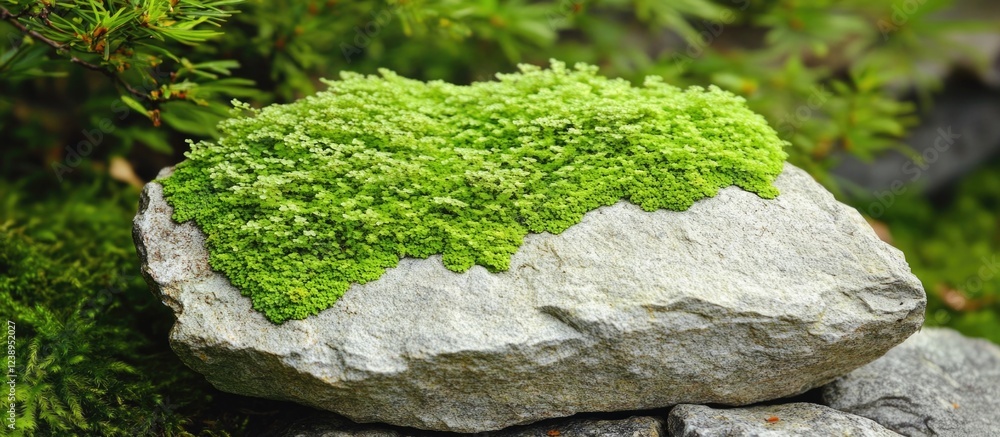 Poster moss covered rock on blurred natural background with greenery and copy space for text placement